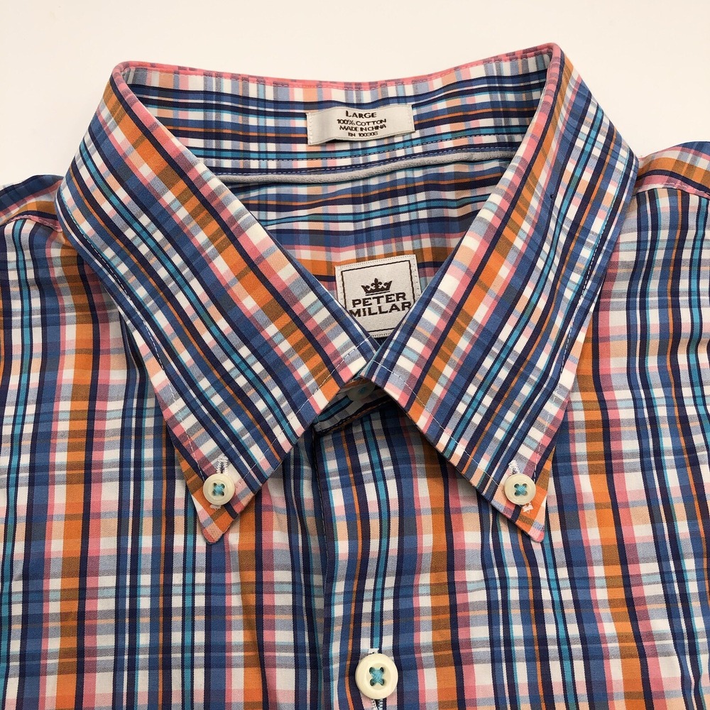 Peter‎ Millar Button Shirt Mens LARGE Plaid Pocket Short Sleeve Dress Casual